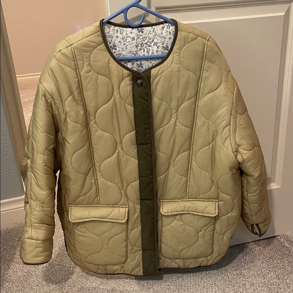 Quilted Tan Jacket with Green Trim